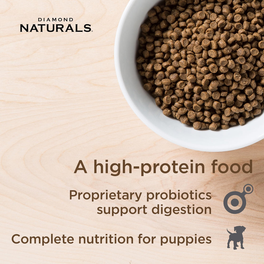 Diamond Naturals small-breed dry food bowl highlights real cage-free chicken as main ingredient