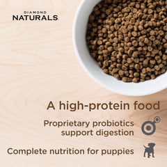 Diamond Naturals small-breed dry food bowl highlights real cage-free chicken as main ingredient