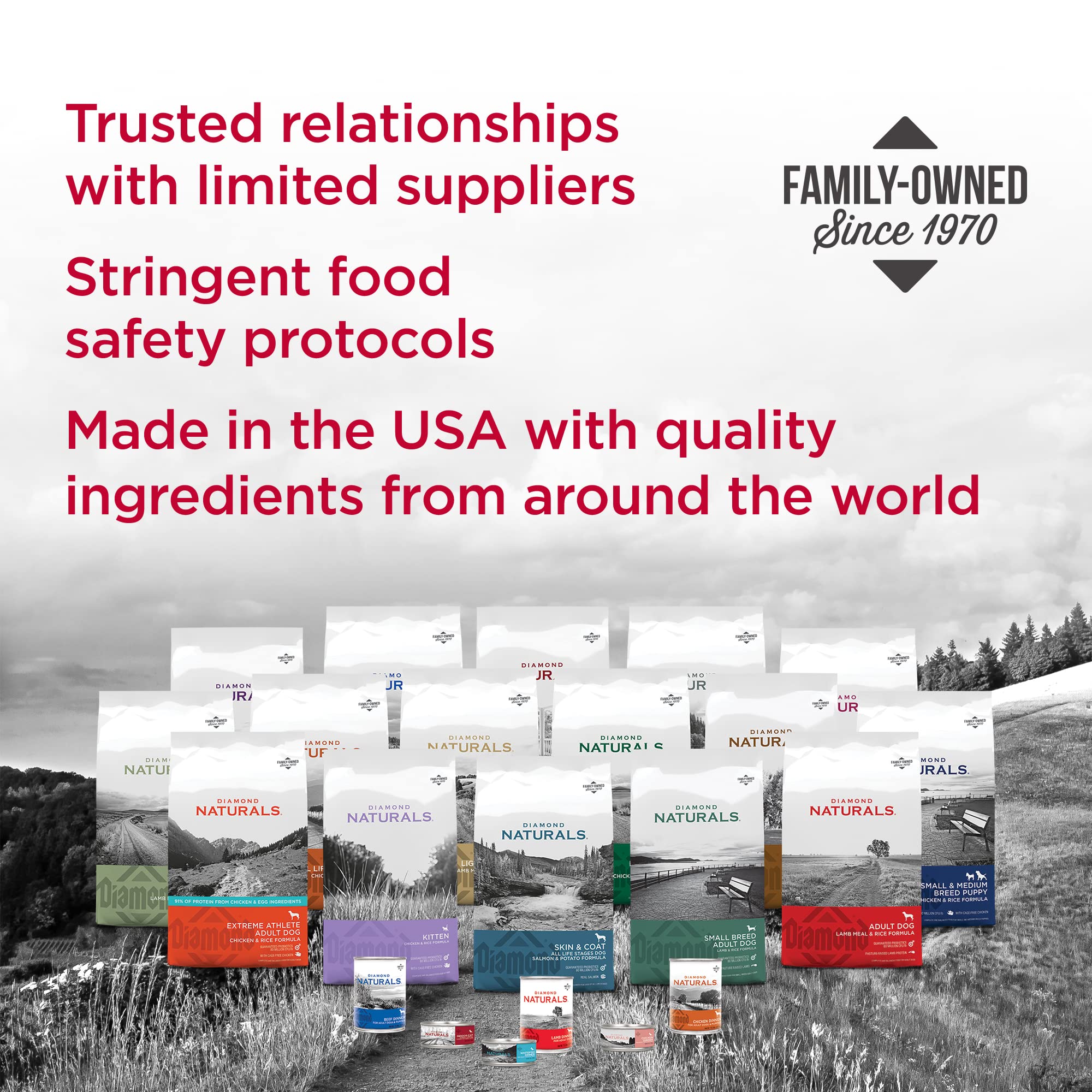 Diamond Naturals USA-made, family-owned production emphasizing trusted ingredients.