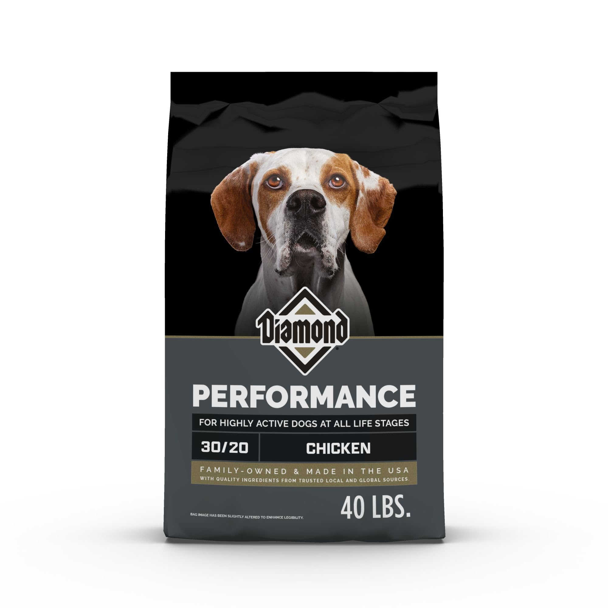 Diamond Performance dry dog food bag 40lb highlighting a premium, energy-focused formula.