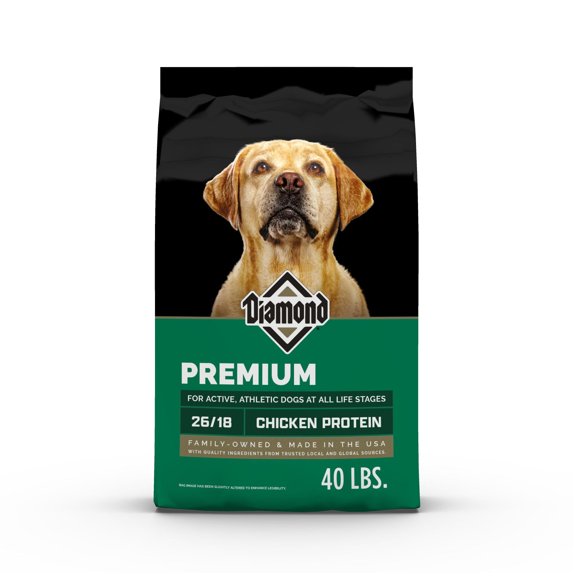 Diamond Premium all life stages dry dog food bag front for active dogs.