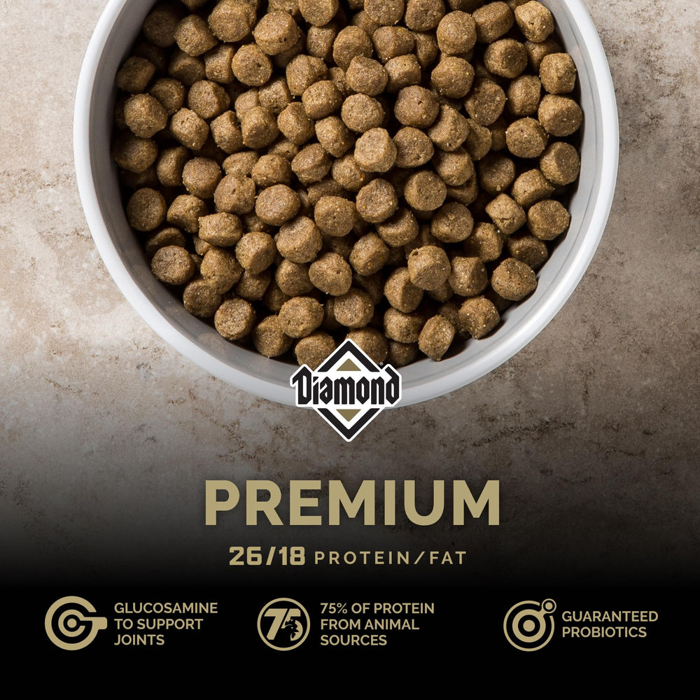 Diamond Premium kibble closeup highlighting quality chicken protein.
