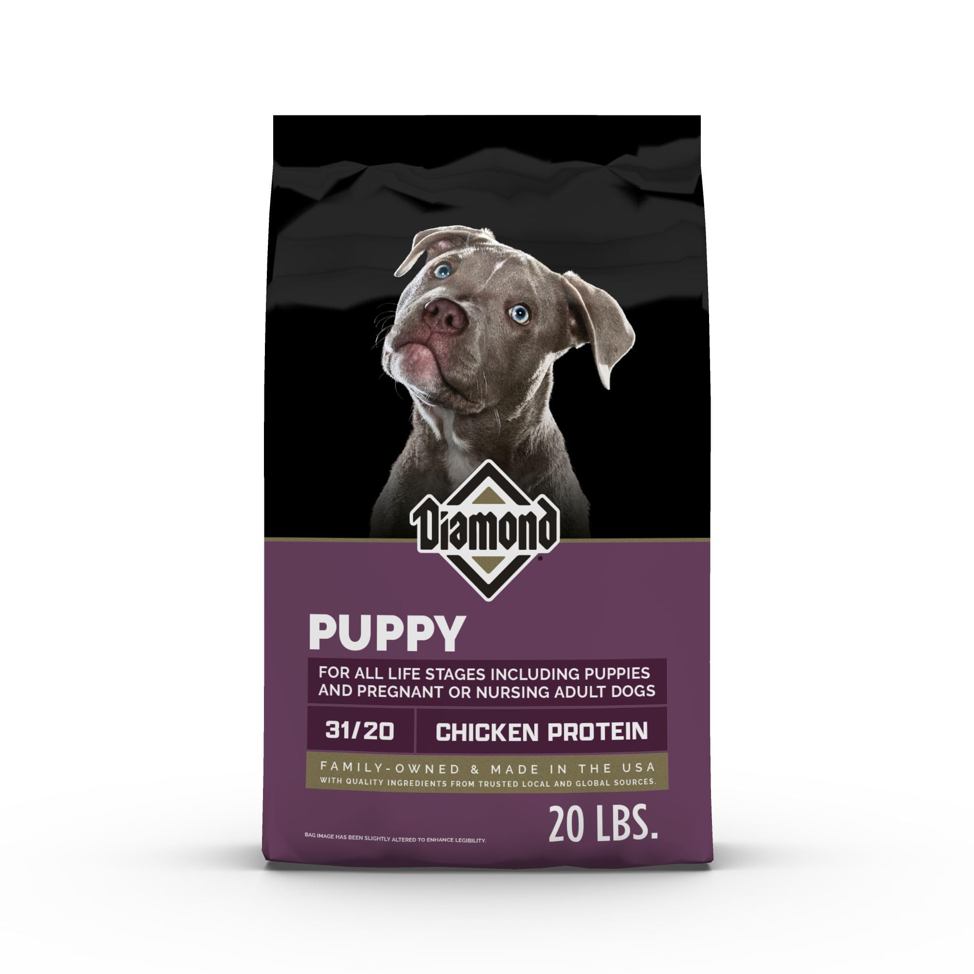 Diamond Puppy 20lb bag front showing balanced nutrition for growing puppies.