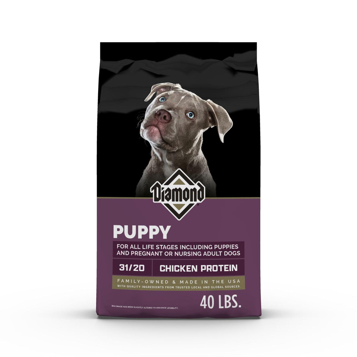 Diamond Puppy 40lb bag front for all life stages including pregnancy.