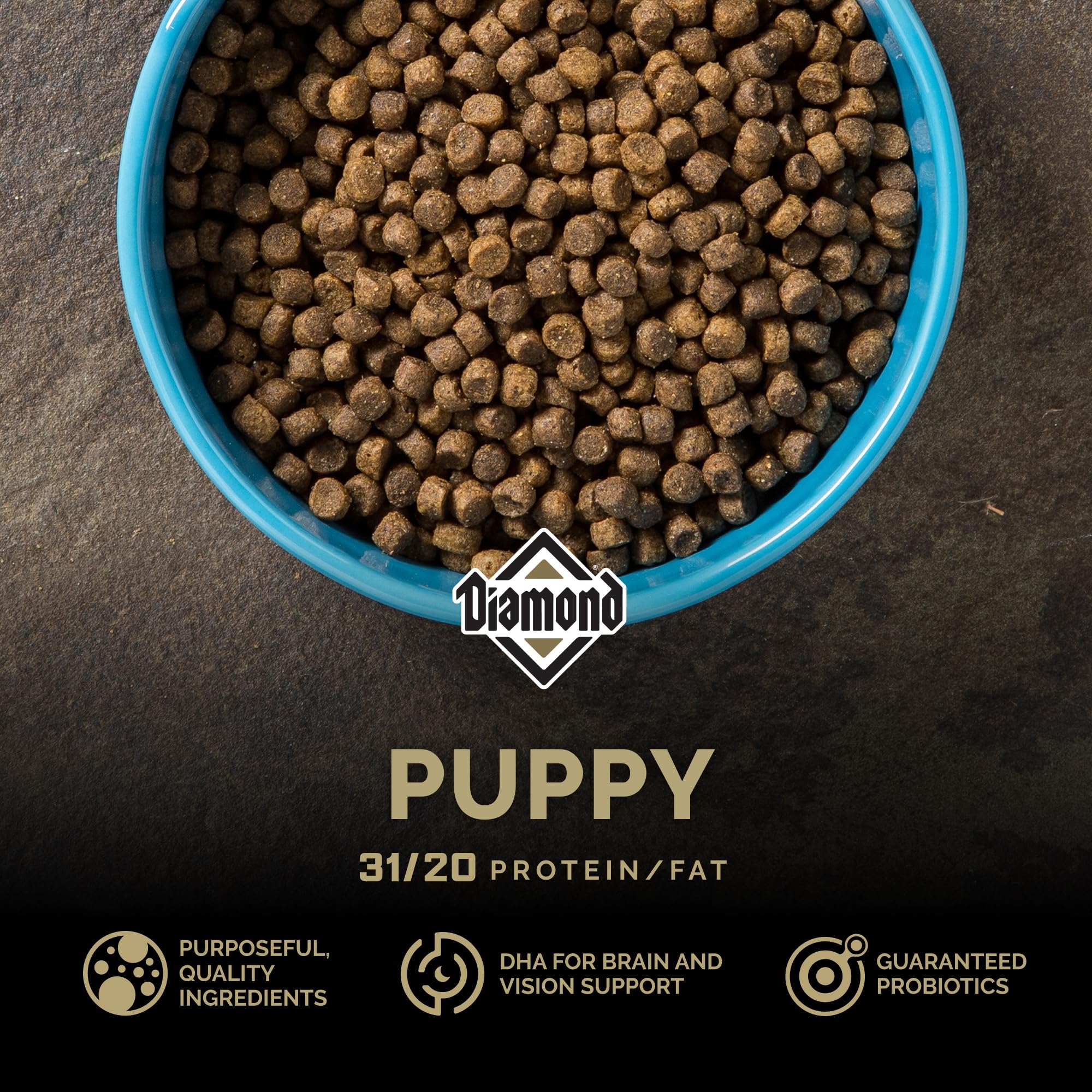 Diamond Puppy kibble close-up showing small bites for puppies.