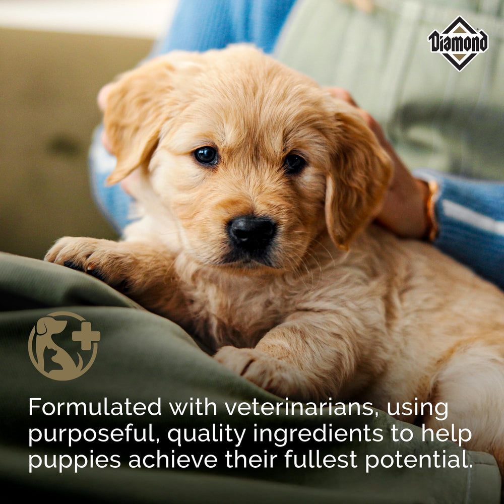 Diamond Puppy nutrition panel displays guaranteed nutrients for growth and immune support.