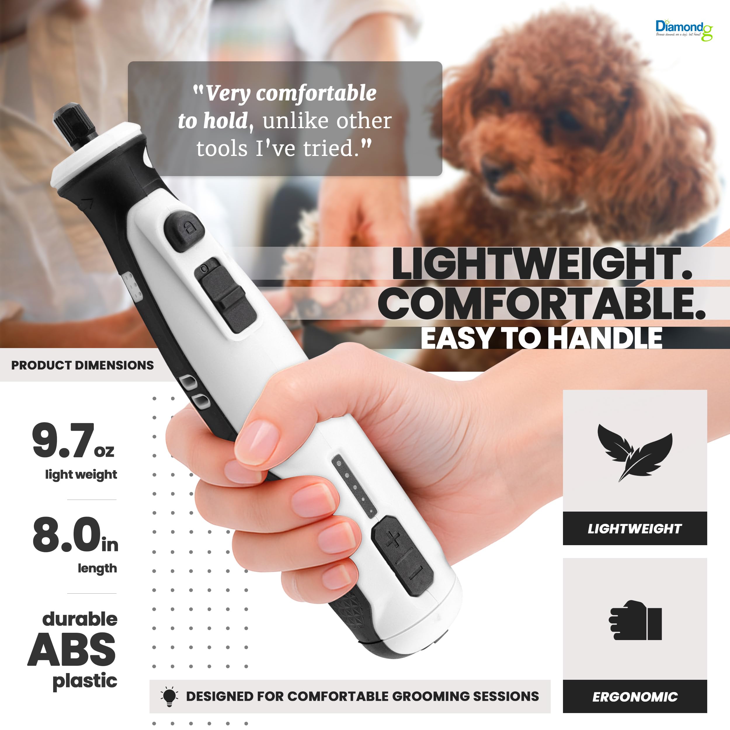 Diamondg nail grinder features five speeds for different nail thicknesses