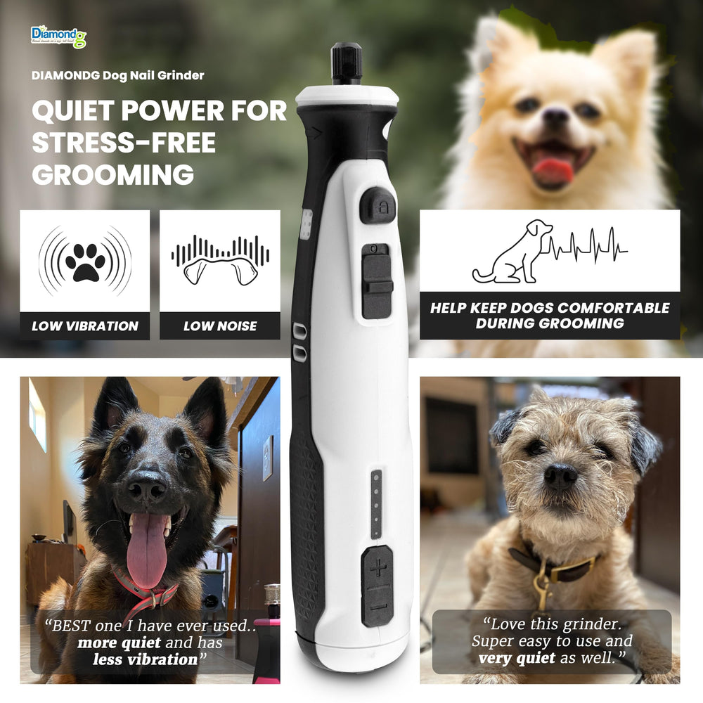 Diamondg dog nail grinder operates quietly for a calmer grooming session