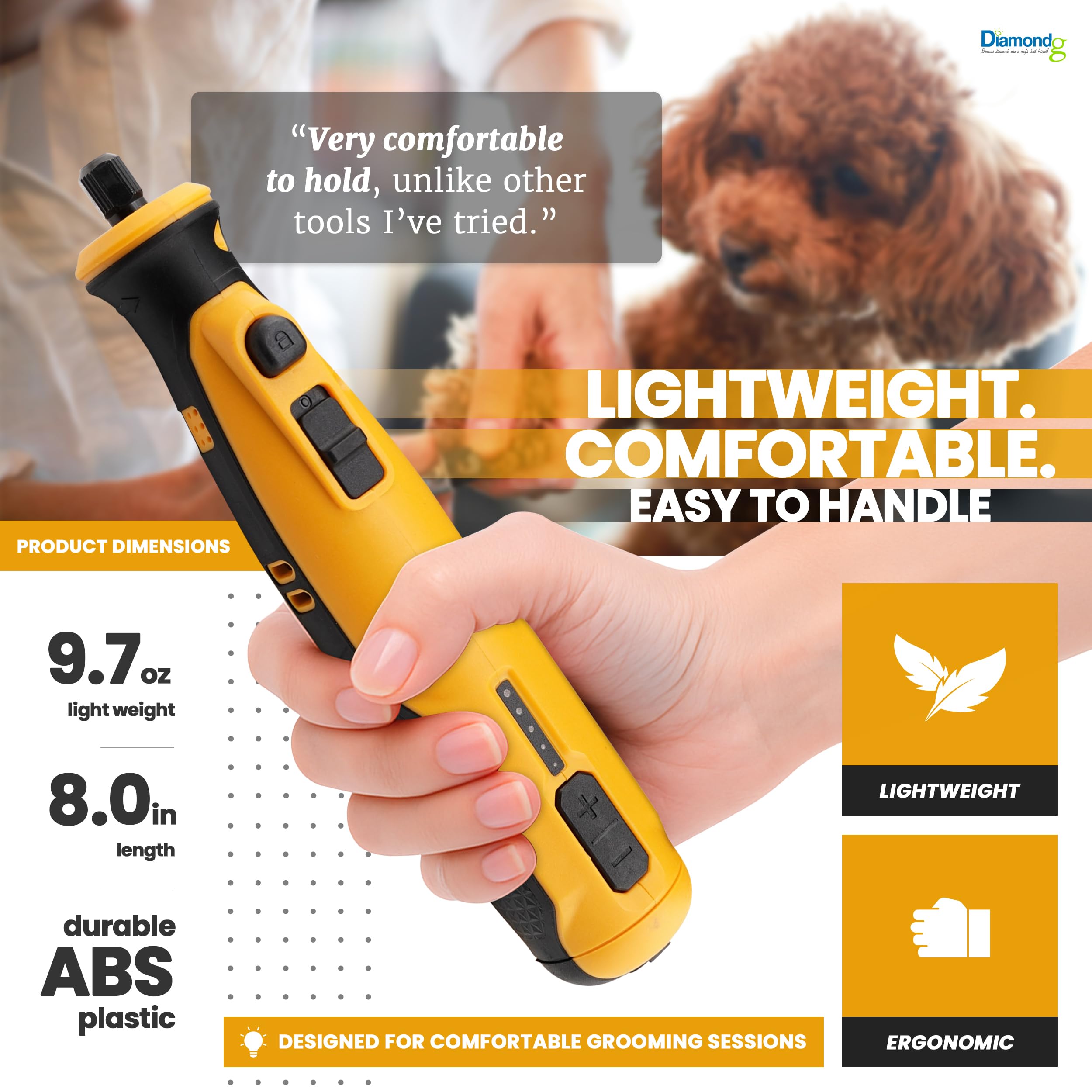 Diamondg dog nail grinder USB-C charging for quick power on long sessions.