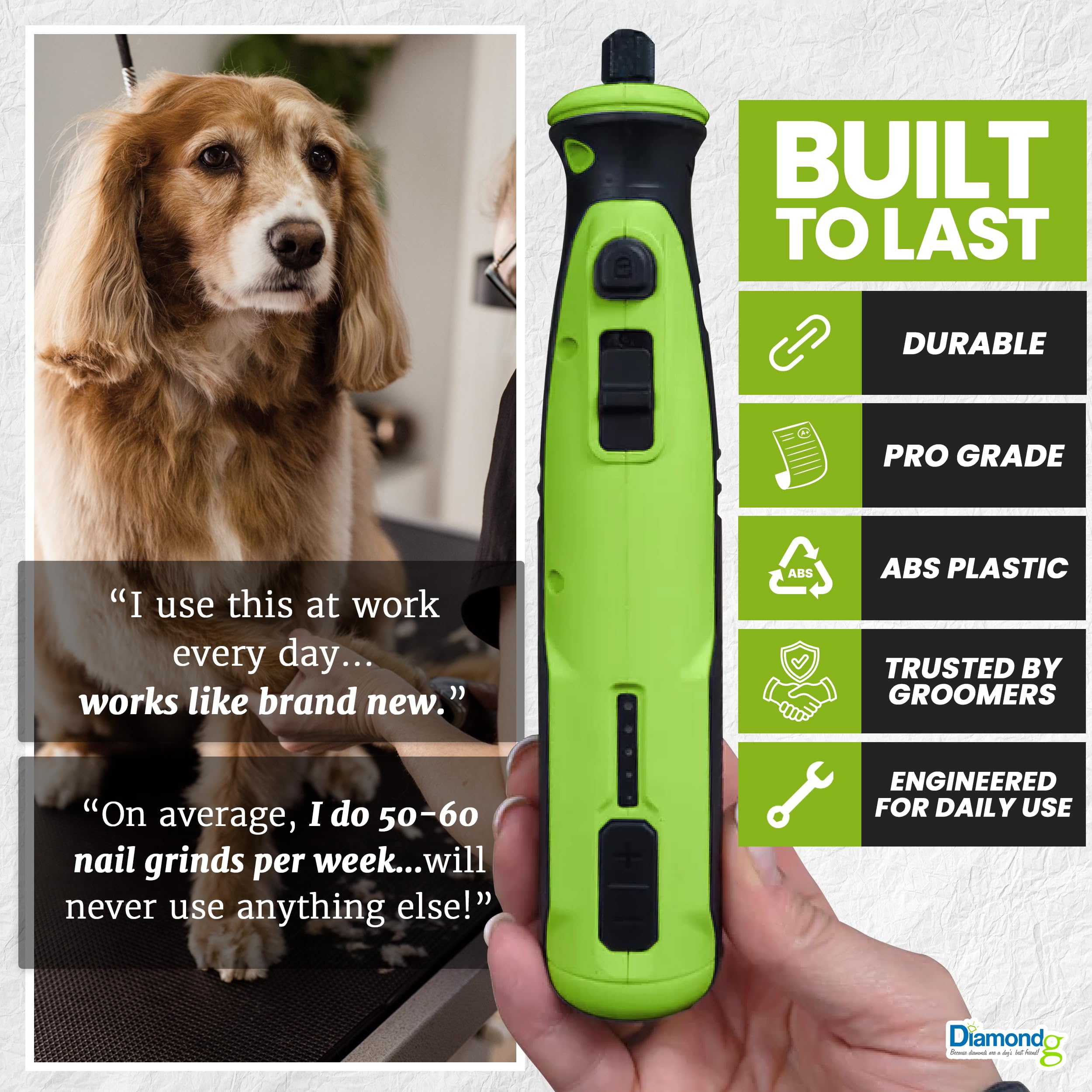 Diamondg ergonomic cordless design provides comfortable grip for both hands