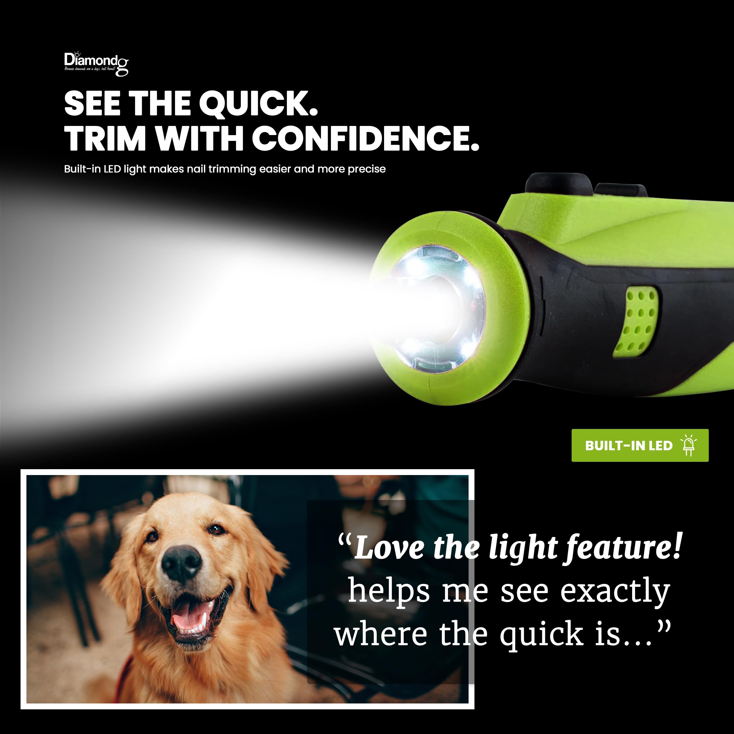 Diamondg LED light enhances visibility during dog nail trimming