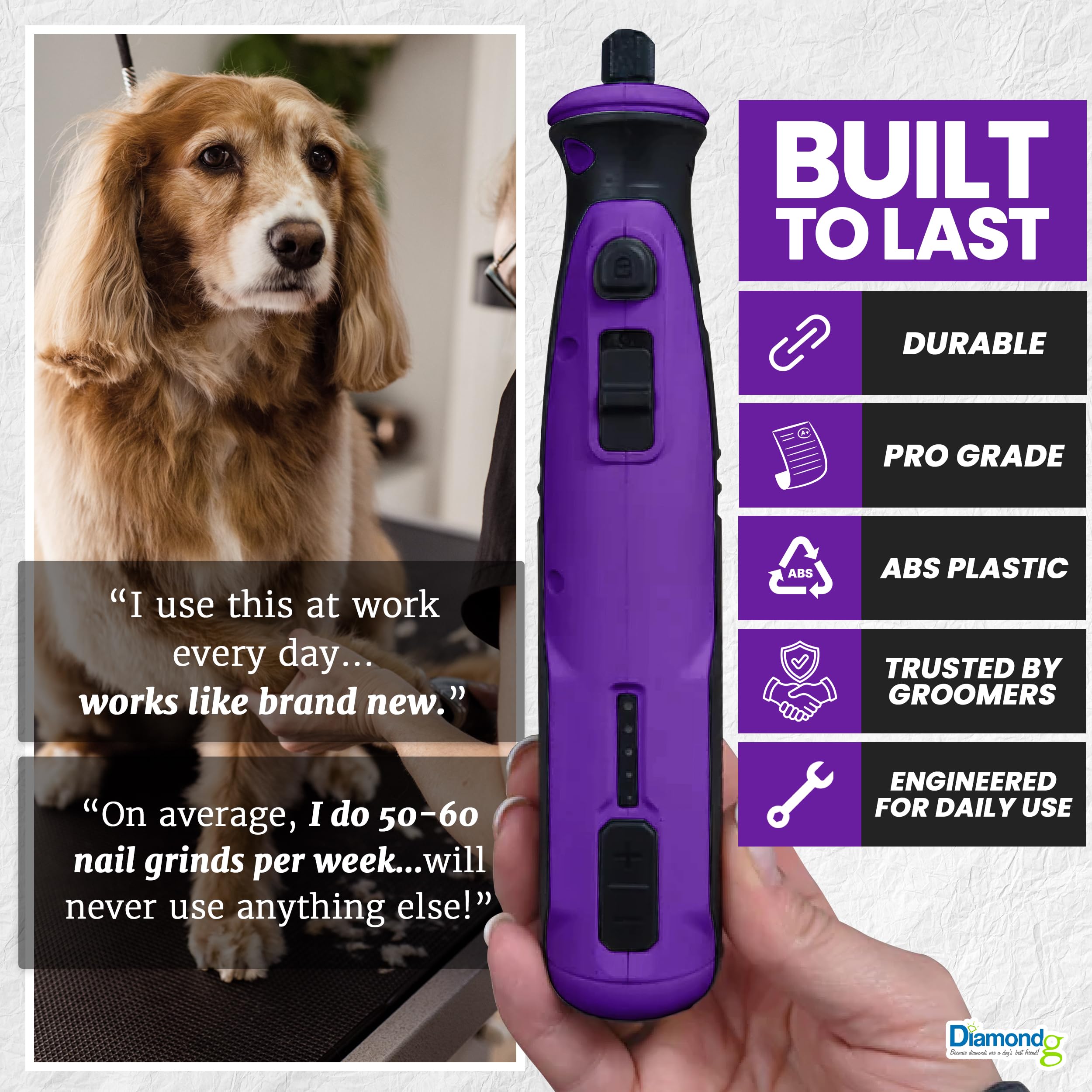 Diamondg travel bag included for grooming on the go.