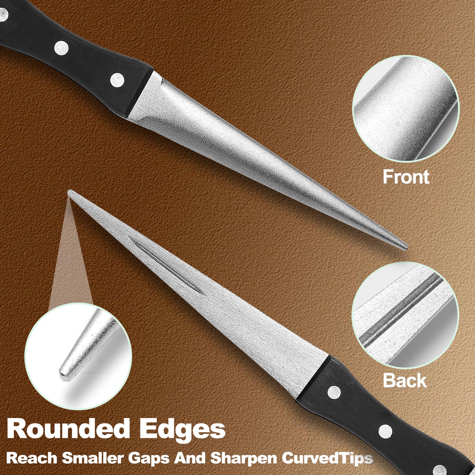 DICAFU sharpener with rounded edges reaches curved tips for thorough sharpening.