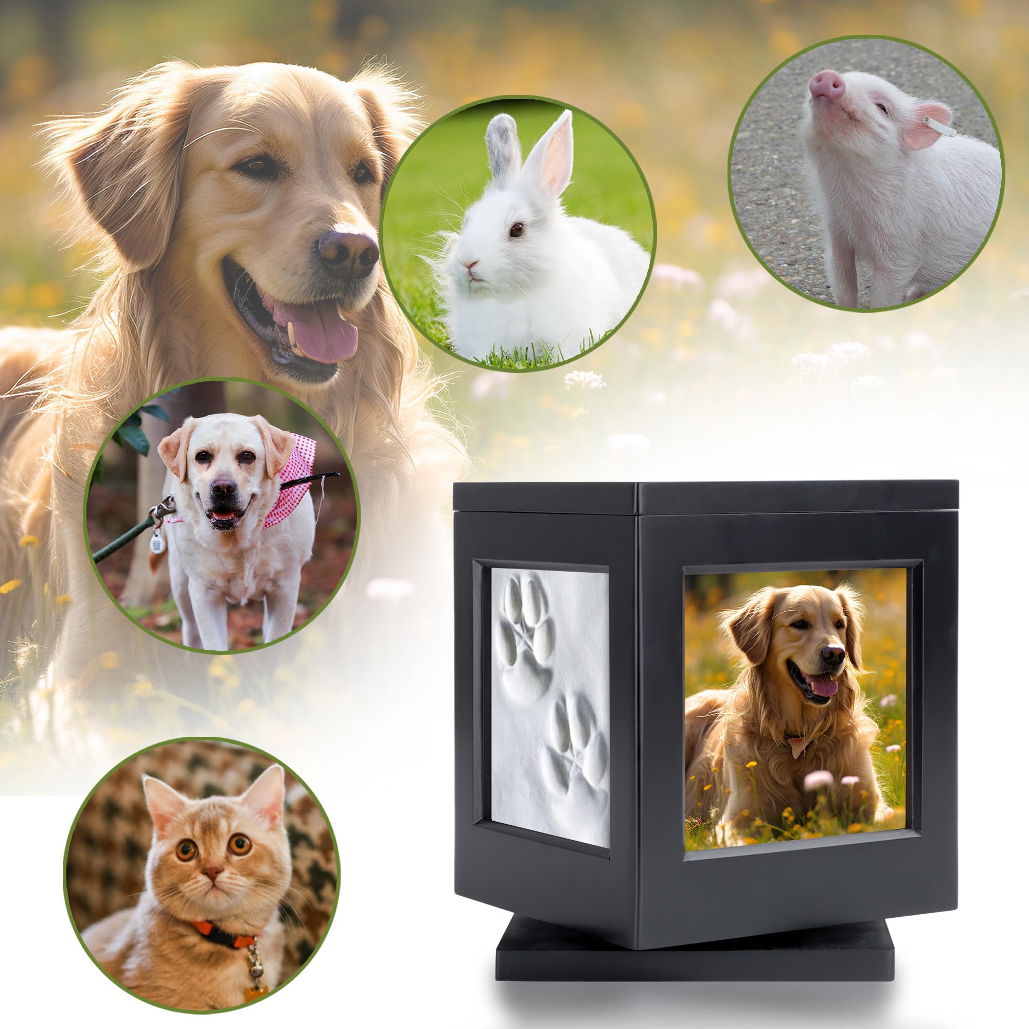 Urn holds three photos and a clay keepsake for personalization