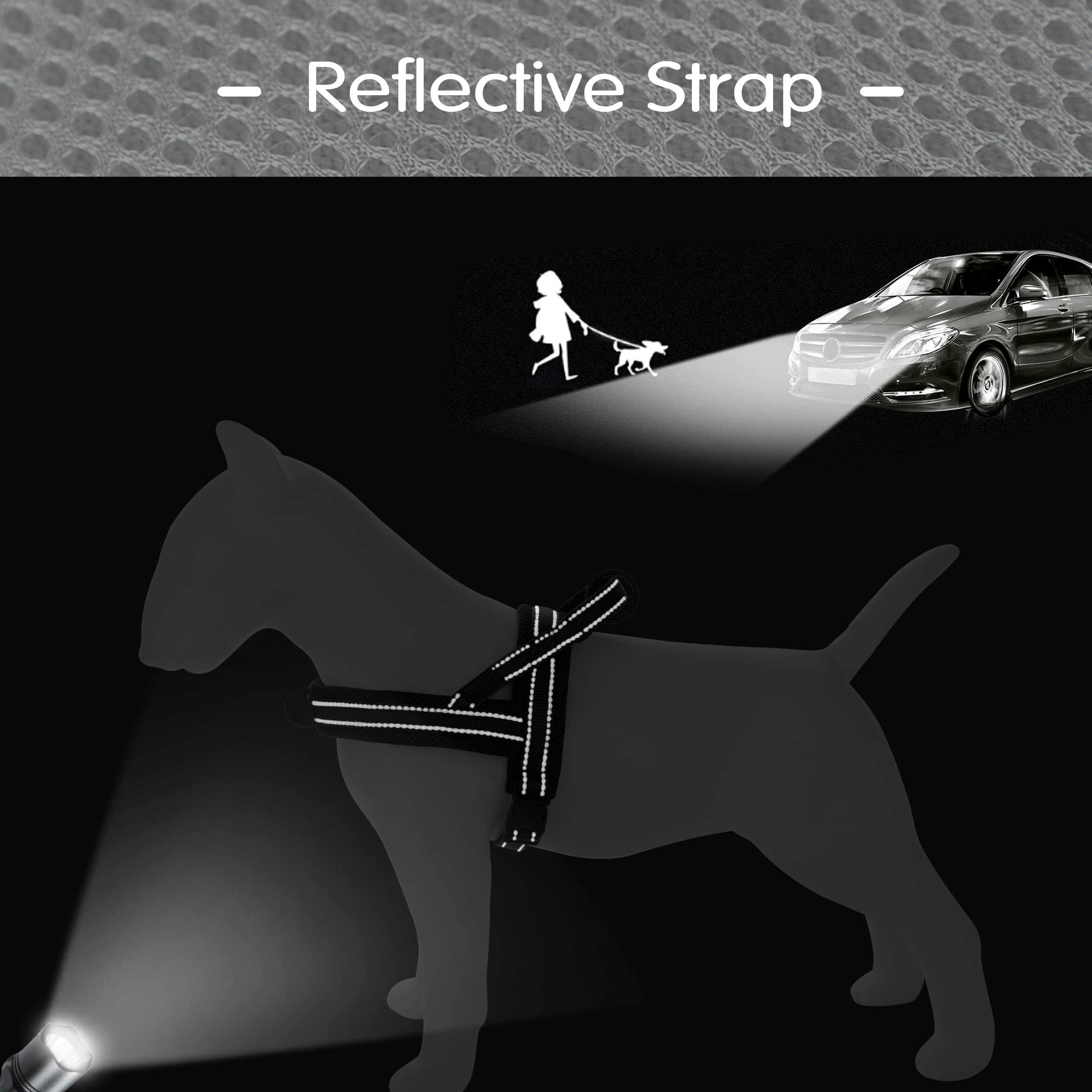 Didog harness uses lightweight air-mesh for breathability on long walks.