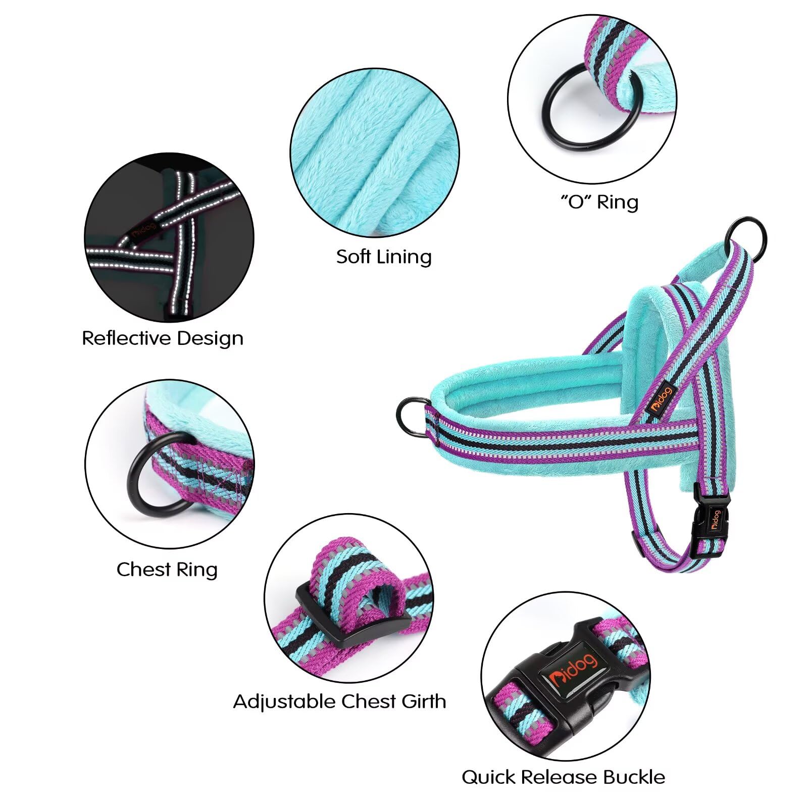 Didog harness with reflective strips for night-time visibility.