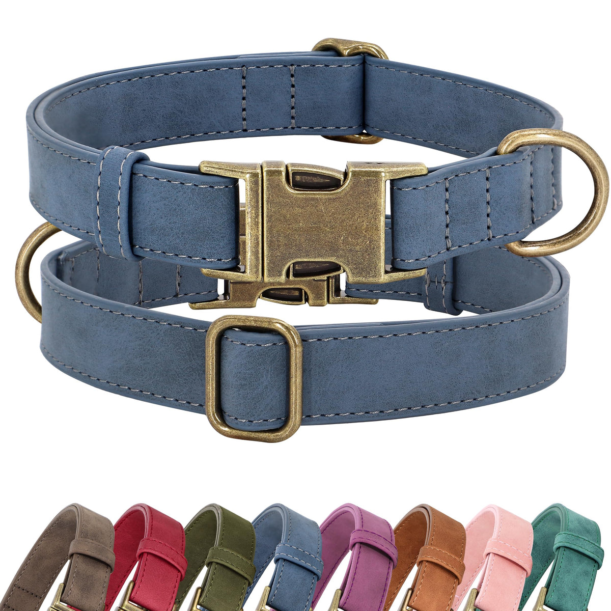Didog blue soft PU leather collar front view for daily walks