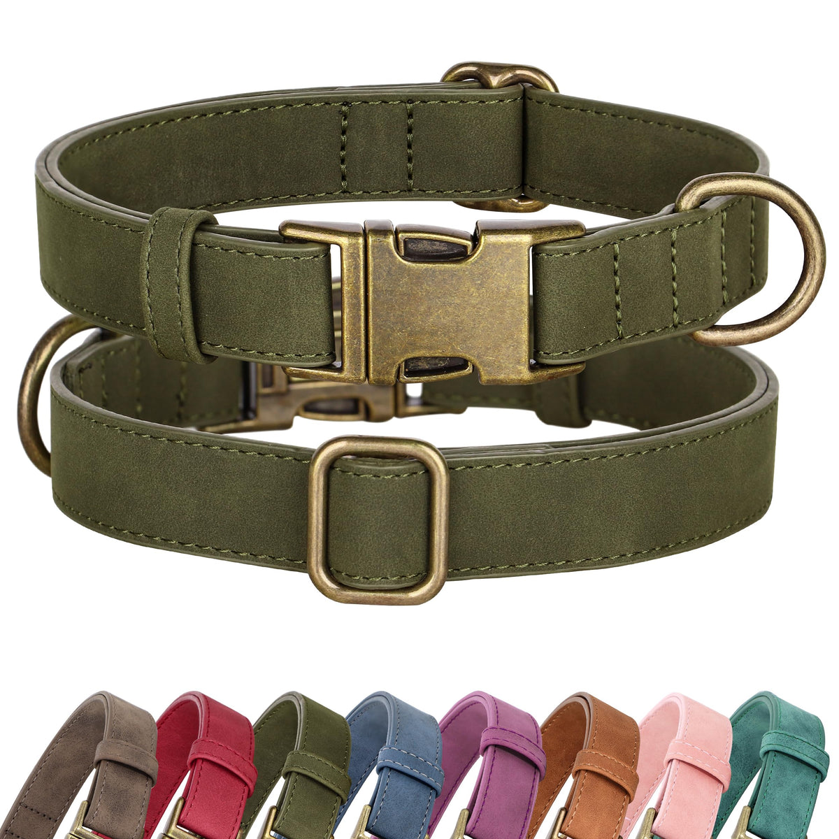 Didog soft PU leather collar in dark green, close-up with quick-release buckle.