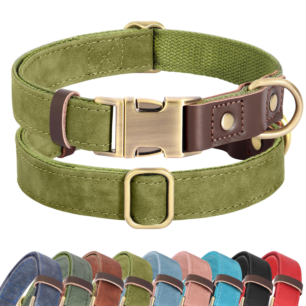 Didog olive green soft PU dog collar front view for daily wear