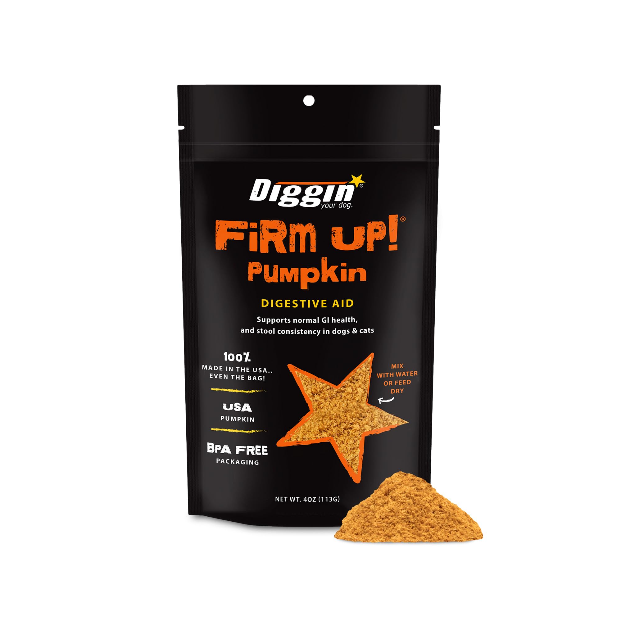 Diggin' Your Dog Firm Up Pumpkin powder for dogs promoting gentle digestion.