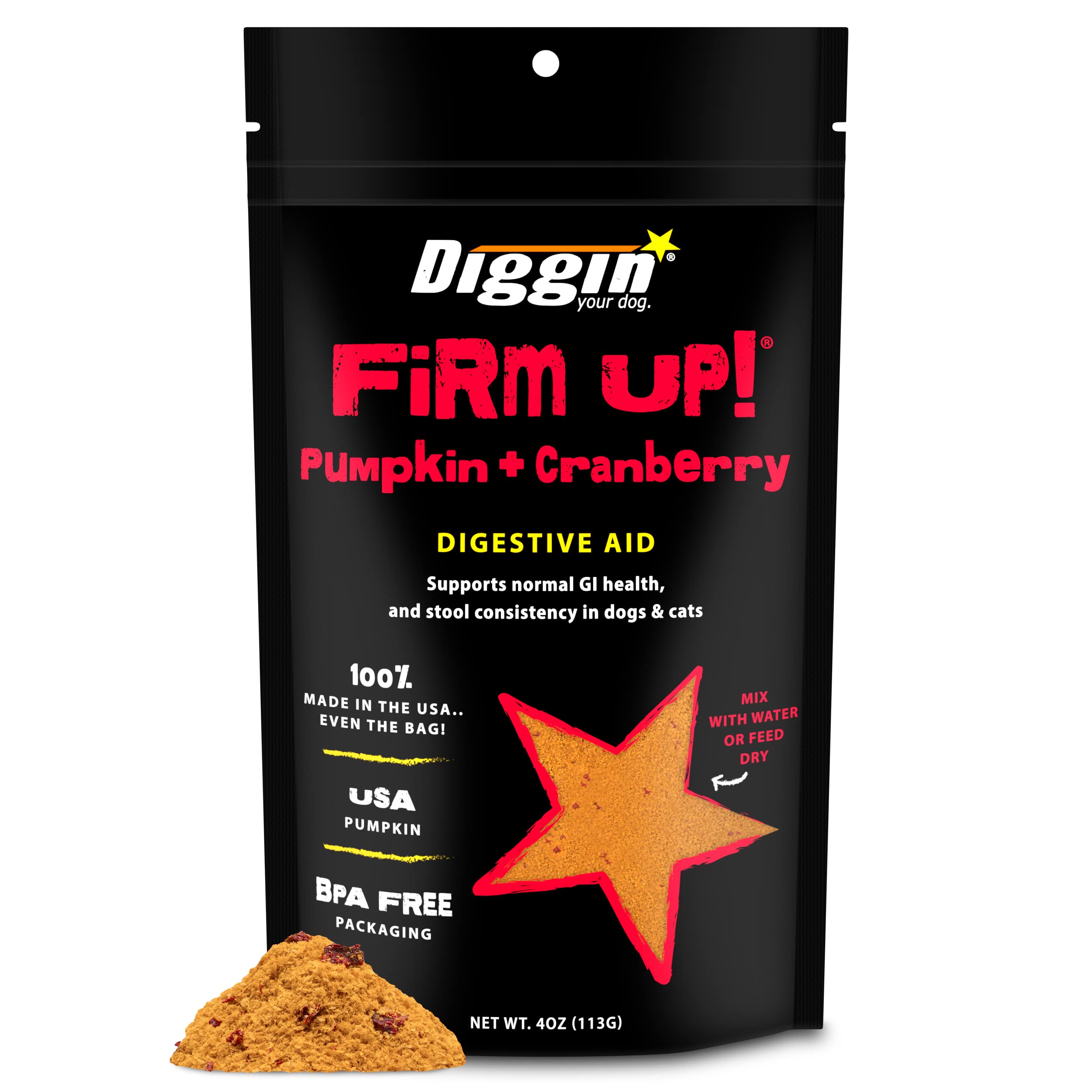 Diggin' Your Dog Firm Up pumpkin powder packaging, easy to store for daily use.