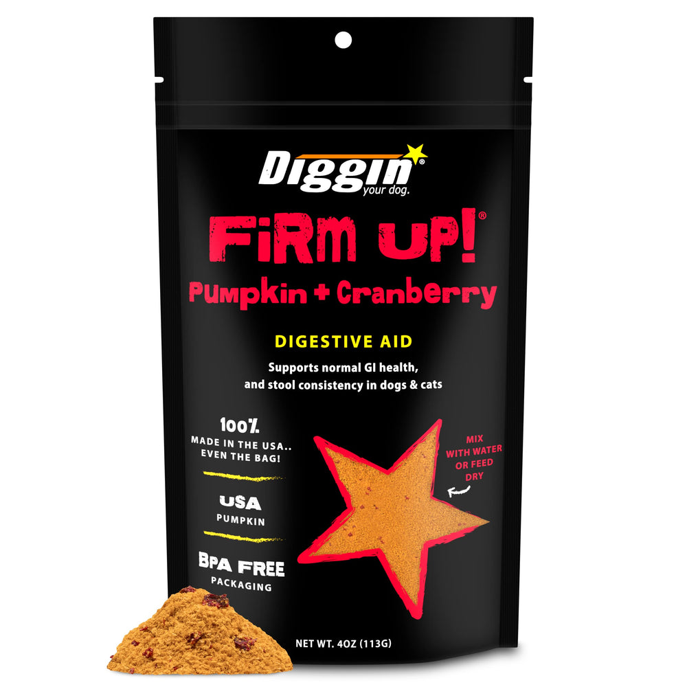 Diggin' Your Dog Firm Up pumpkin powder packaging, easy to store for daily use.
