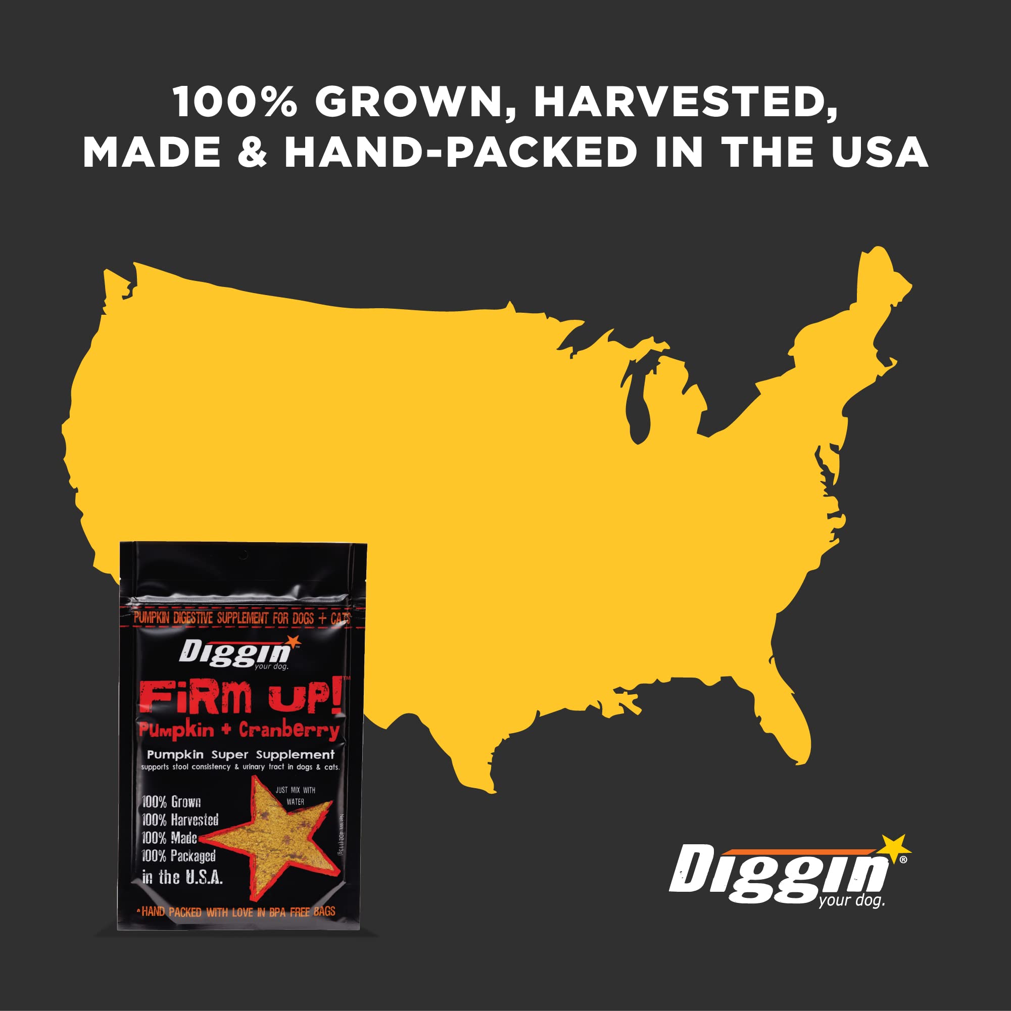 Diggin' Your Dog Firm Up shelf-stable pumpkin powder in BPA-free bag for pantry storage.