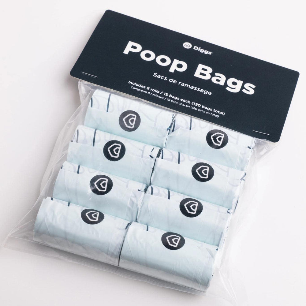 Diggs dog poop bags with no rip roll for quick, mess-free bagging during walks.