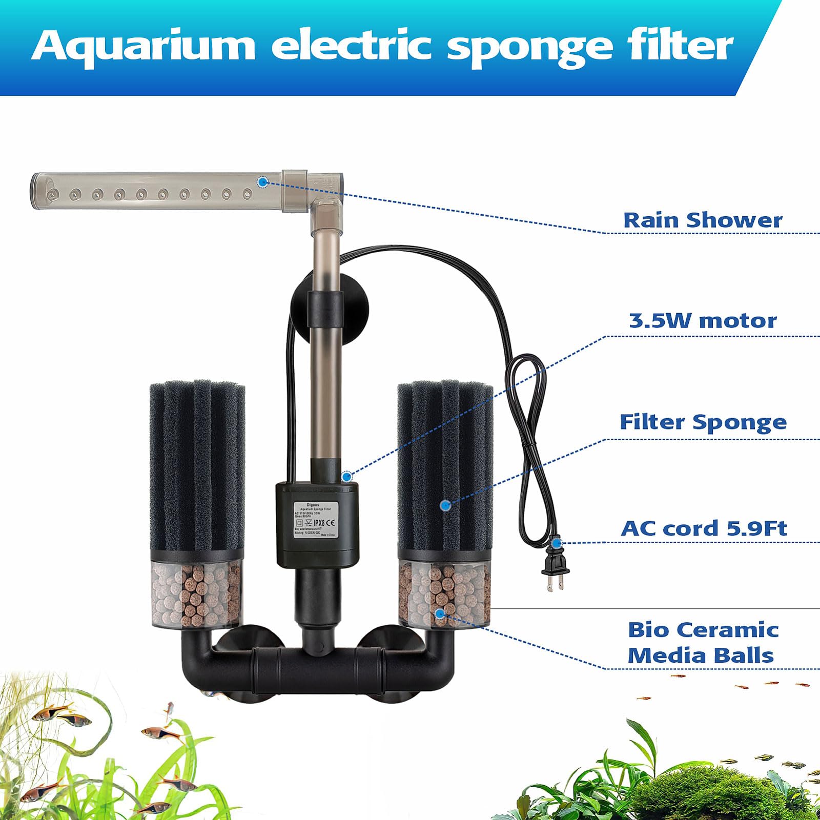 Digoos dual filtration with sponge and bio media supports clear water