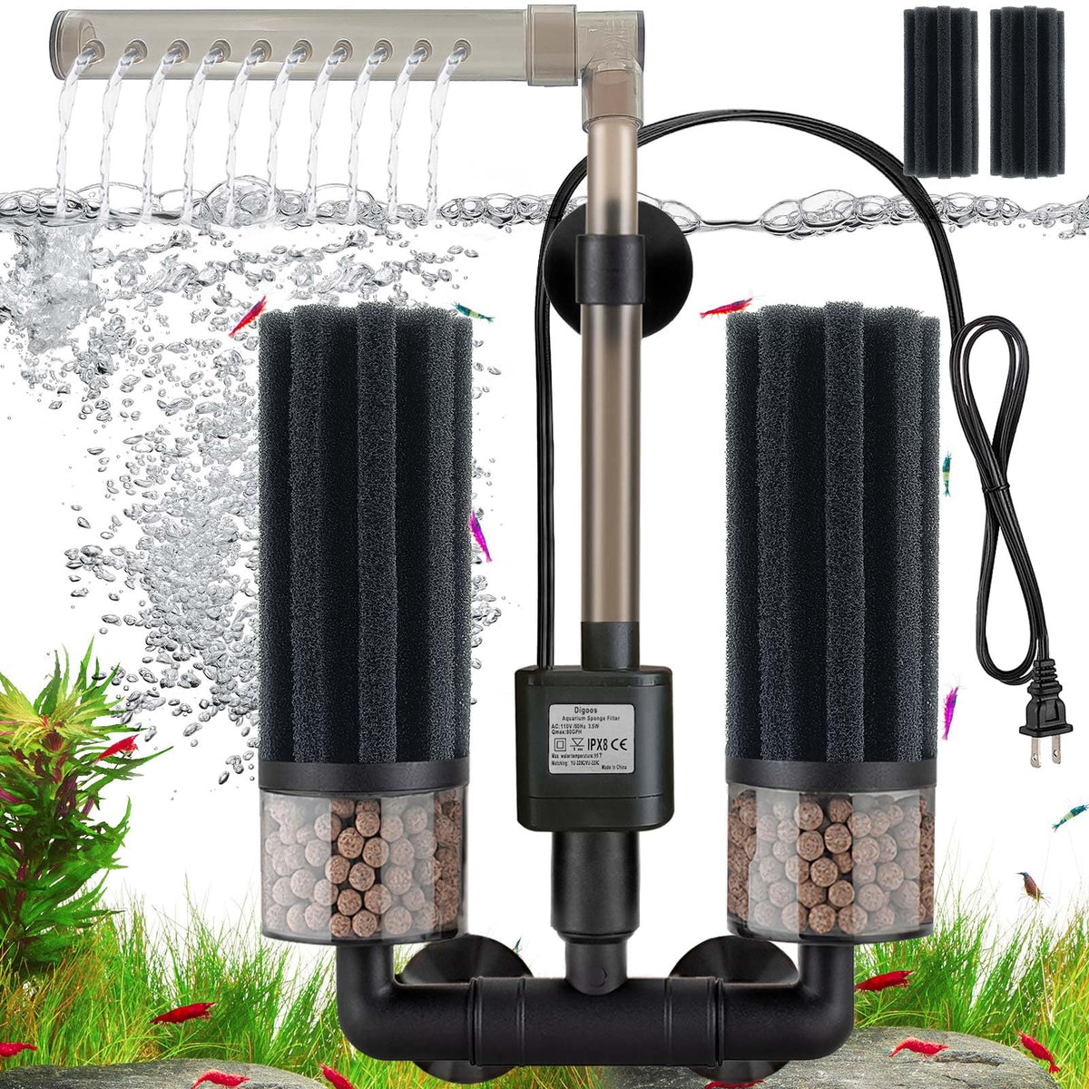 Digoos electric sponge filter for quiet aquarium filtration and debris removal.