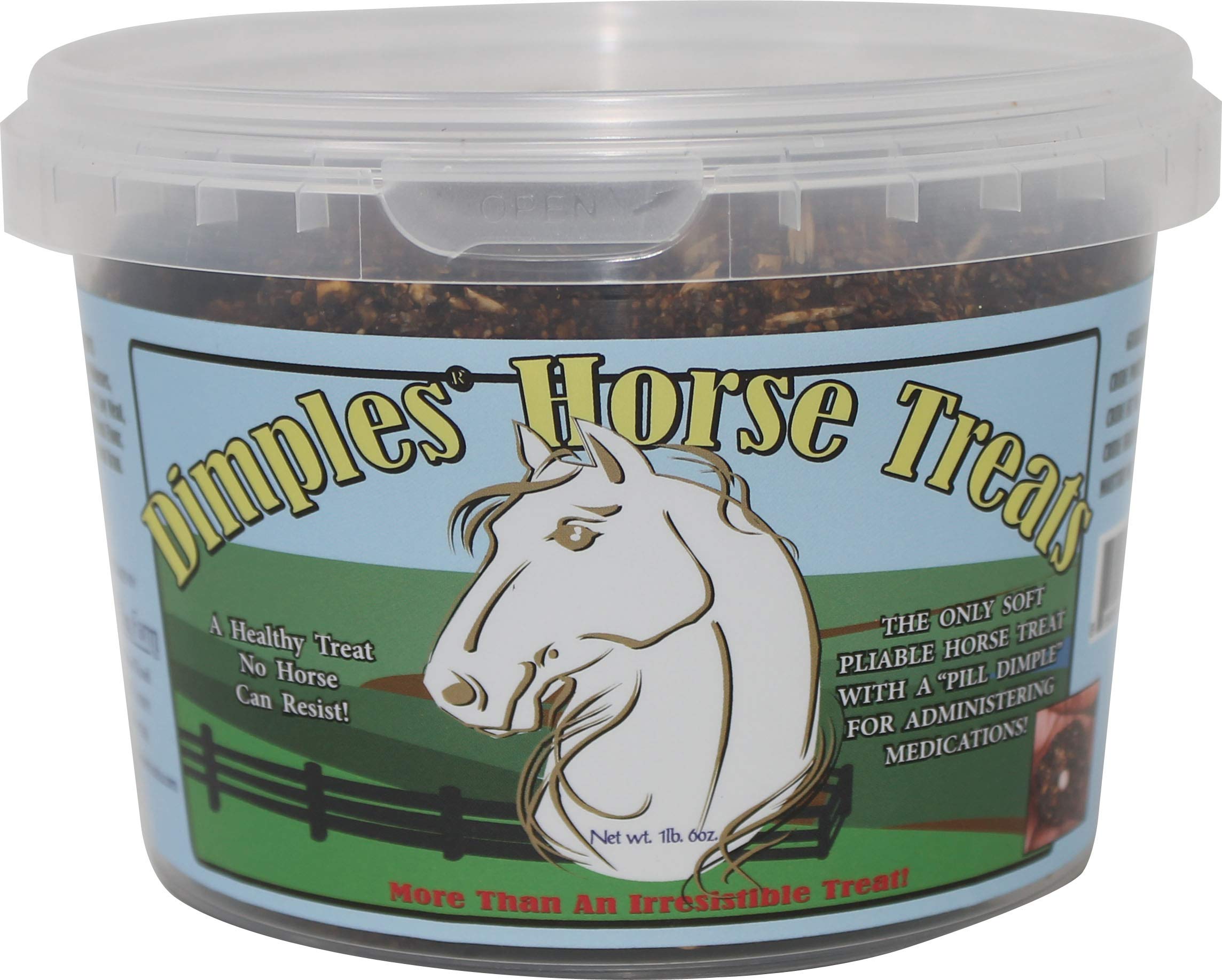 Dimples Pill Dimple tub of horse treats conceals meds for easier dosing during training