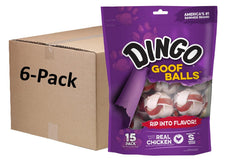Dingo Goof Balls Chicken 6-pack packaging with resealable pouch for fresh snacks.
