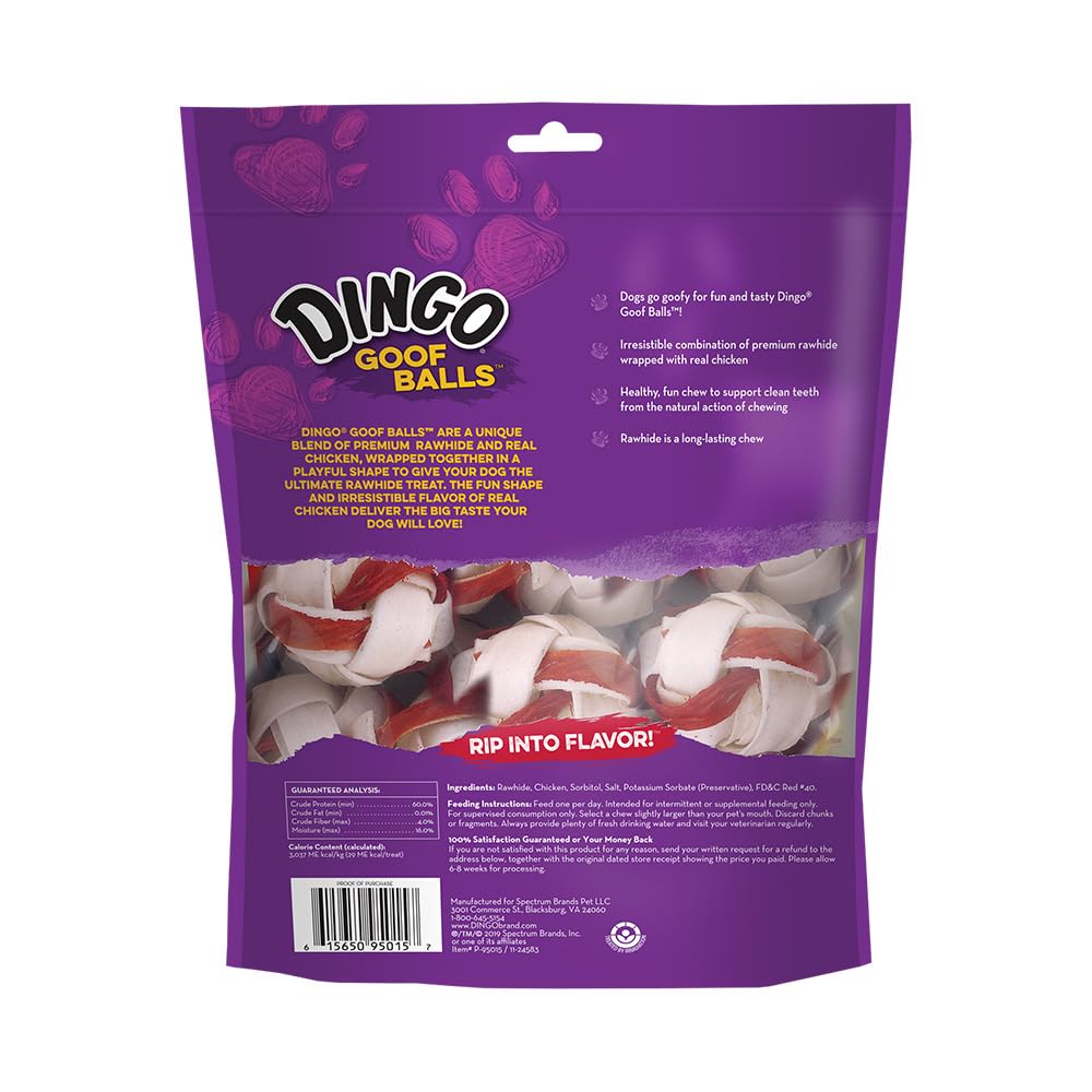 Dingo Goof Balls Chicken wrapped rawhide chew showing premium texture.