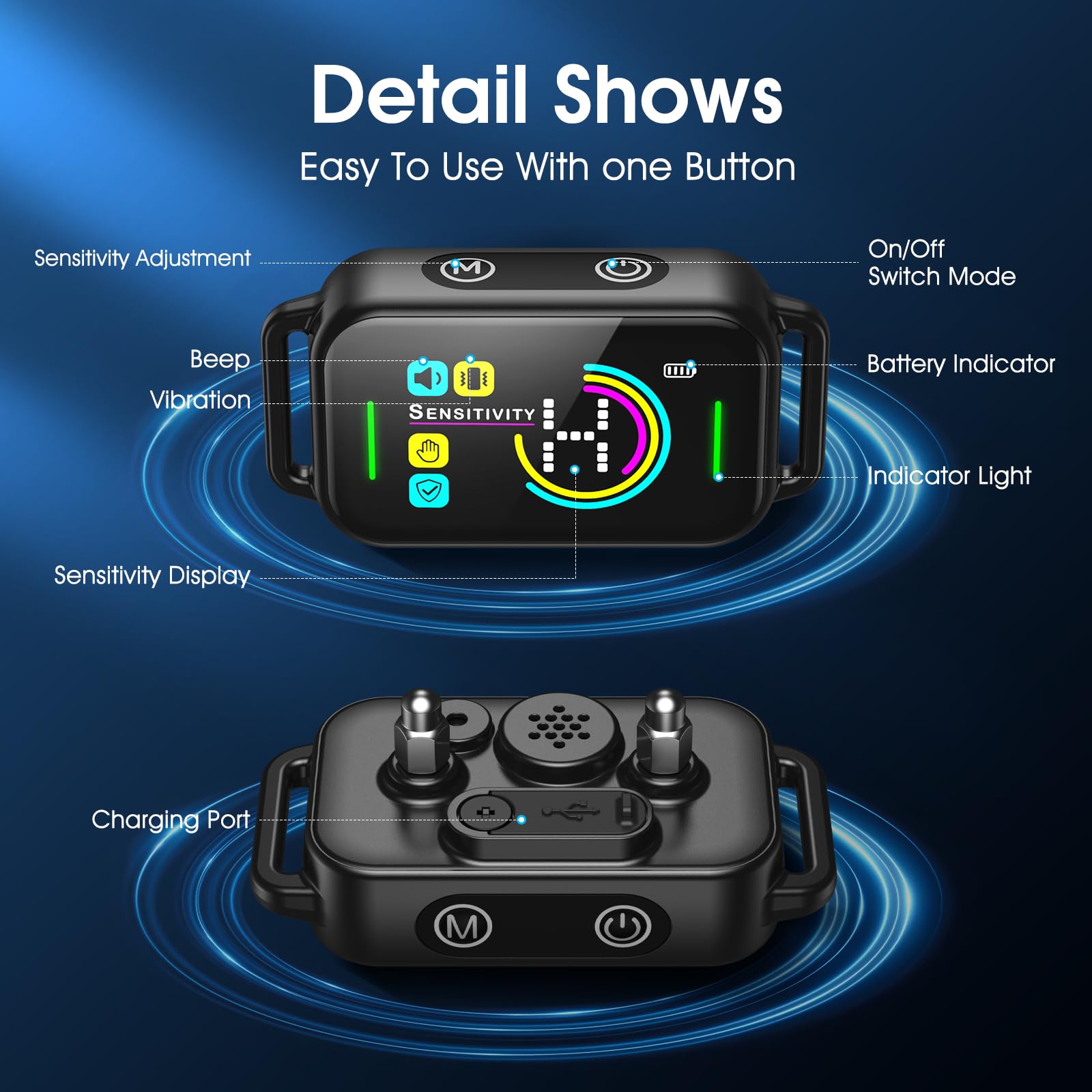 Dinjoo collar’s bright LED display shows battery status at a glance.