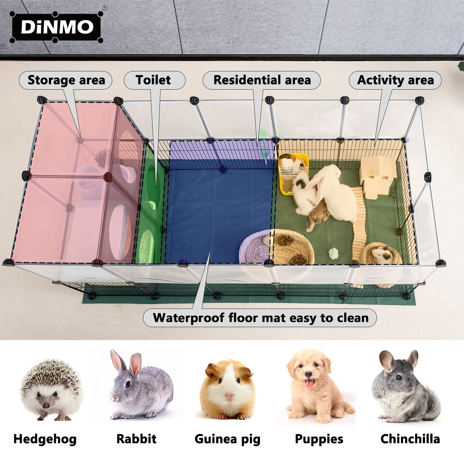 DINMO playpen features clear plastic panels for visual interaction and easy cleaning.