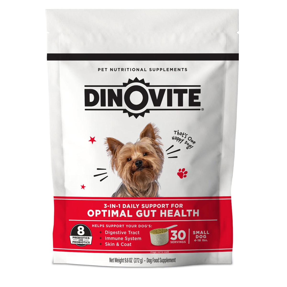 Dinovite 3 in 1 probiotic bottle pour for easy daily gut support in small dogs.