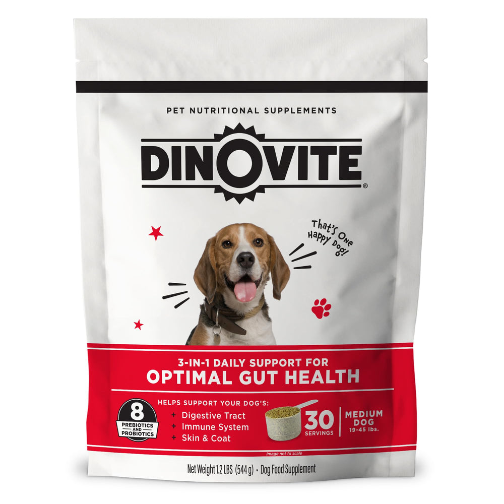 Dinovite 3-in-1 probiotic bottle for medium dogs promotes digestion and joint comfort.