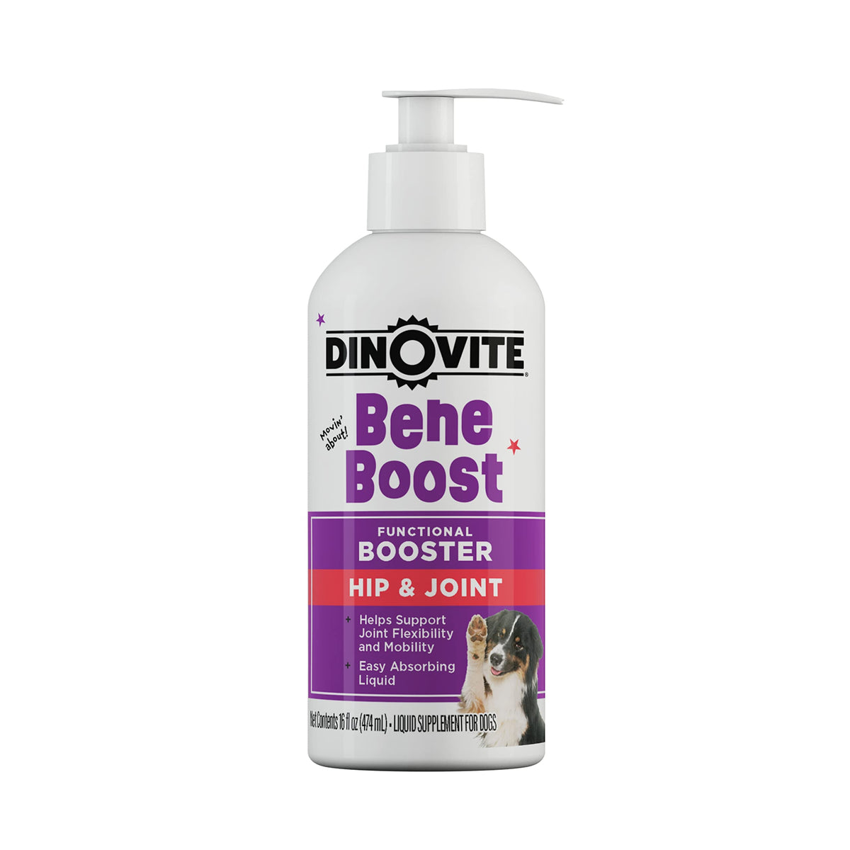 Dinovite BeneBoost bottle display showing a convenient joint support option for dogs.