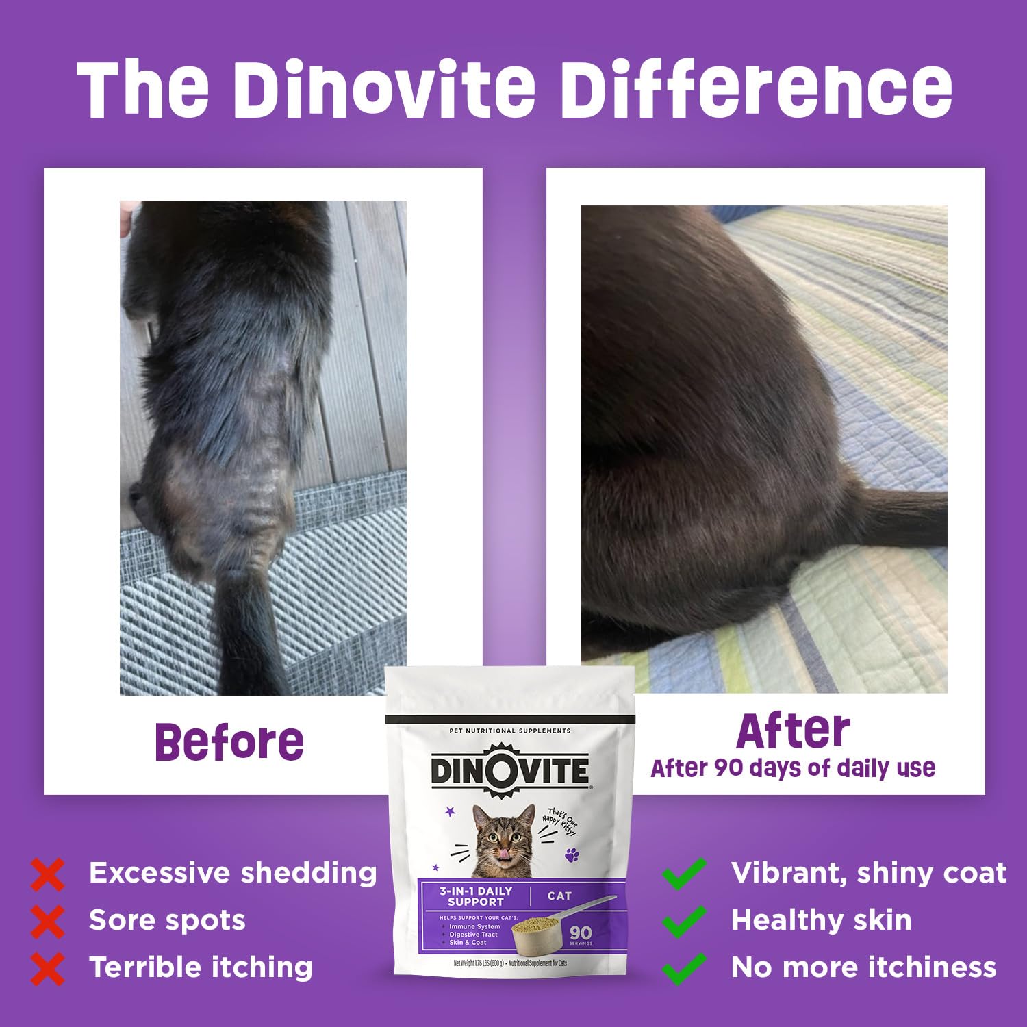 Close-up of glossy coat after using Dinovite omega-3 fatty acids for cats.