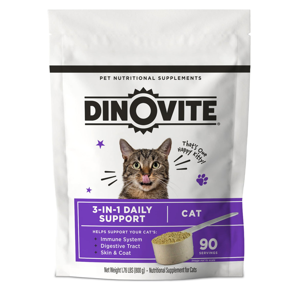 Dinovite for Cats supplement bottle demonstrates immune and digestive support.
