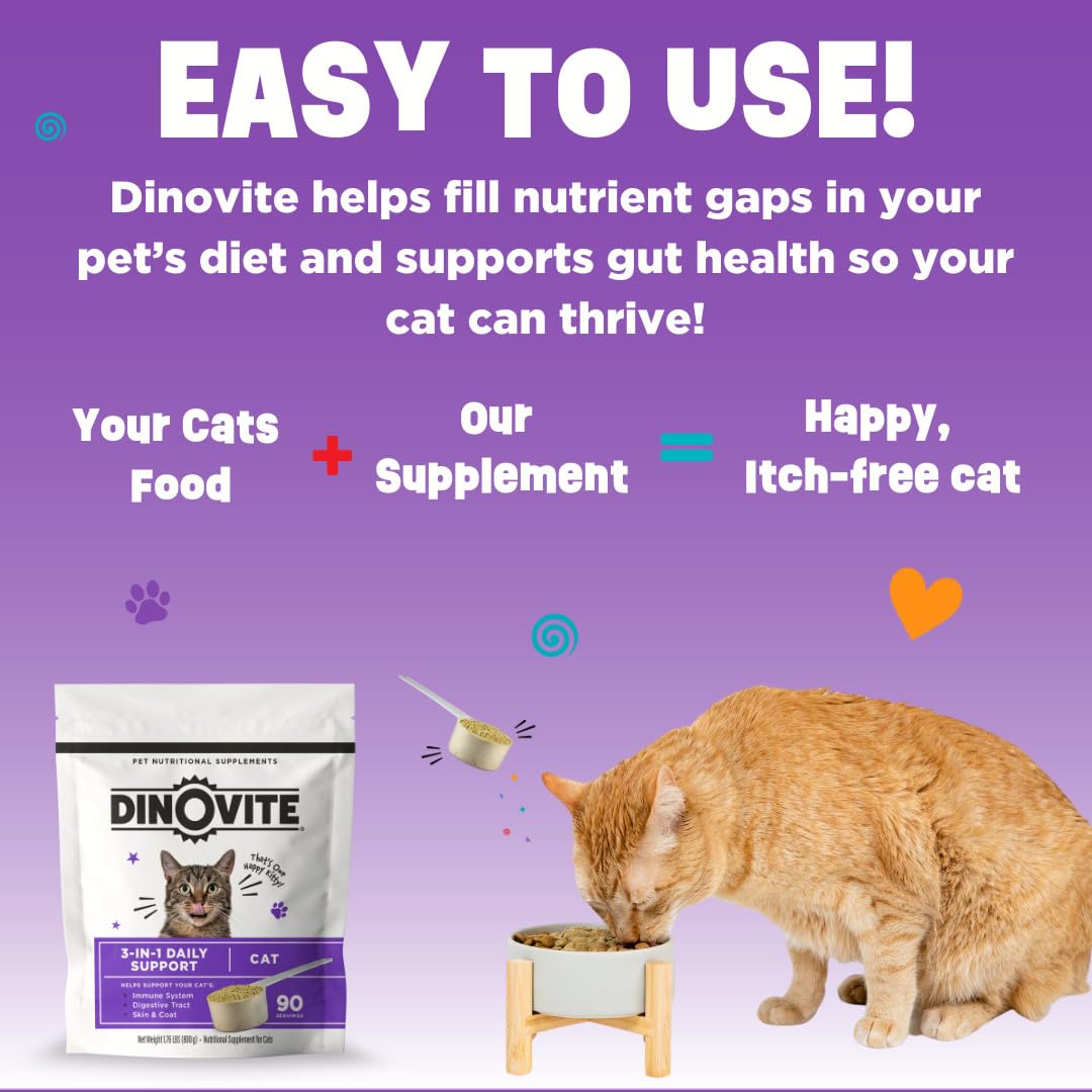 Dinovite for Cats packaging shows USA-sourced ingredients.