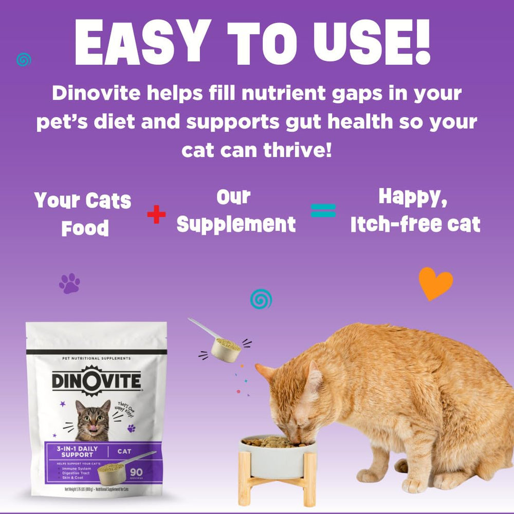 Dinovite for Cats packaging shows USA-sourced ingredients.