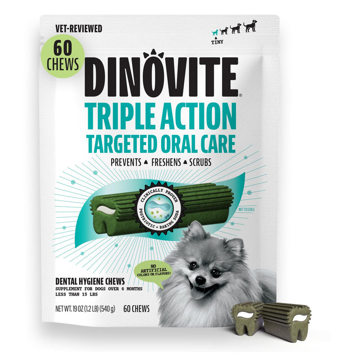 Dinovite Dental Chews packaging for extra small dogs promotes oral care on the go.