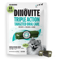 Dinovite Dental Chews packaging for extra small dogs promotes oral care on the go.