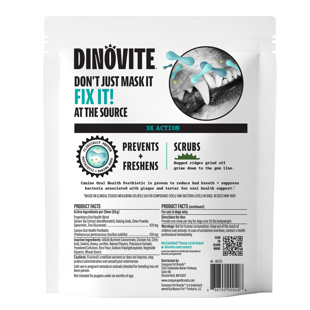 Dinovite Dental Chews come in fresh mint flavor for a pleasant chew