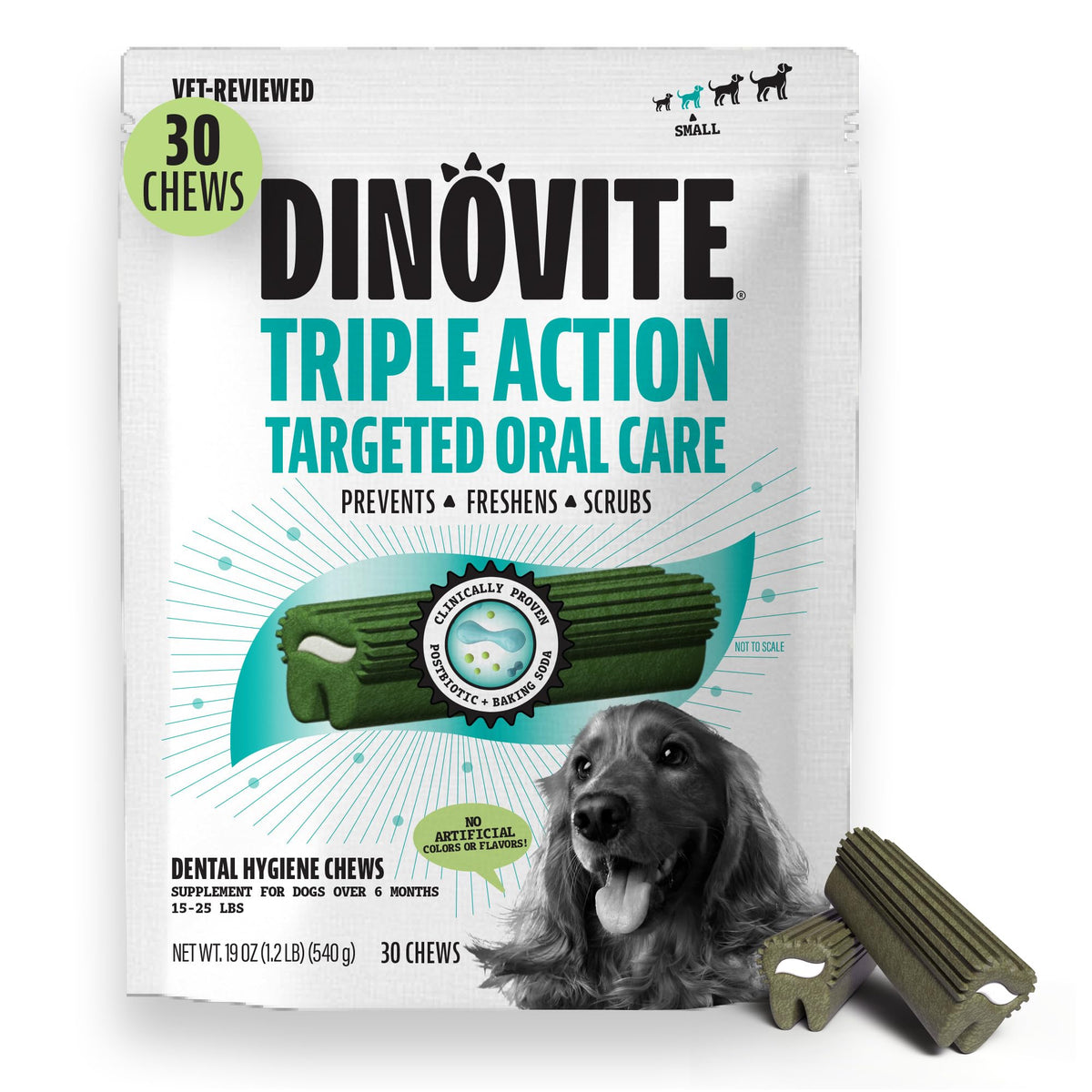 Dinovite small-breed packaging signals trusted, USA-made dental care.