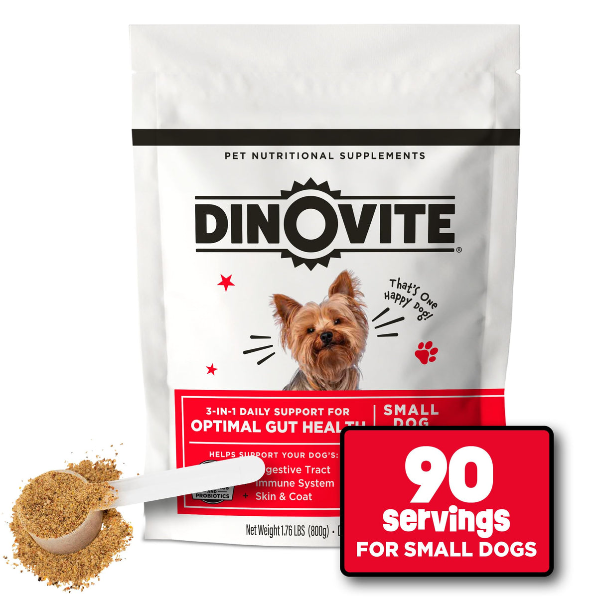 Dinovite dog probiotics package and bottle support skin and gut health.