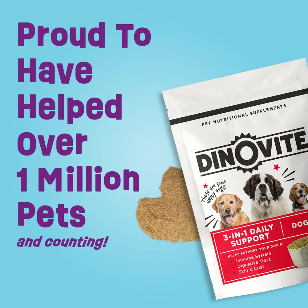 Dinovite dog probiotics for small dogs 1-18lbs supports daily gut and skin care.