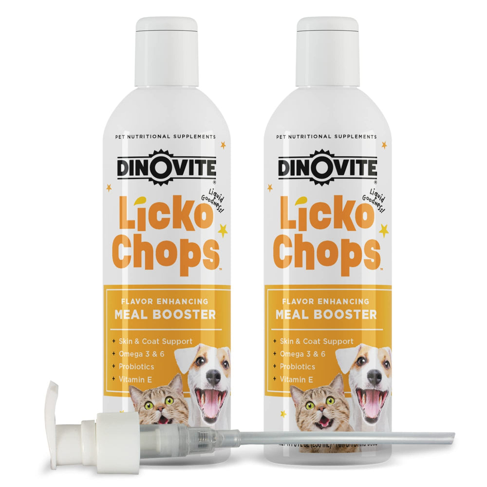 Dinovite Lickochops bottle with pump for easy daily dosing.