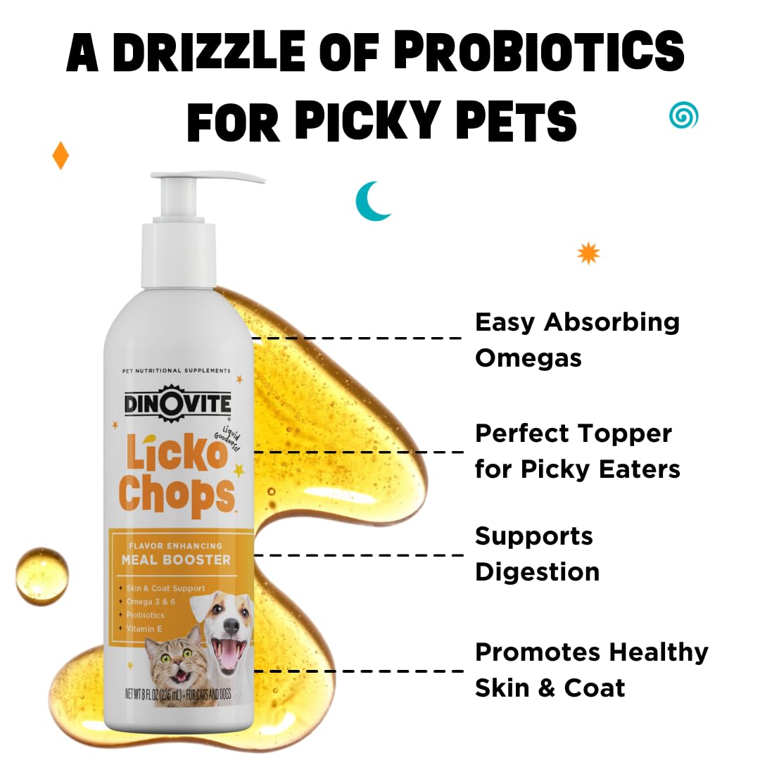Small-dog friendly usage of Dinovite Lickochops shown for pets.